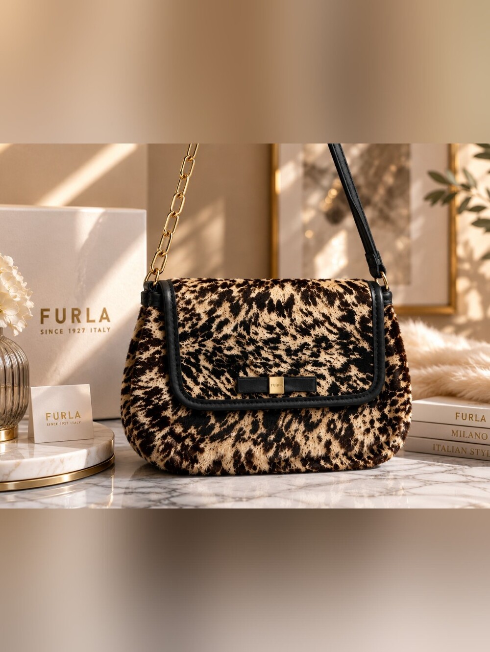 Furla Leopard-Print Shoulder Bag in Black and Beige